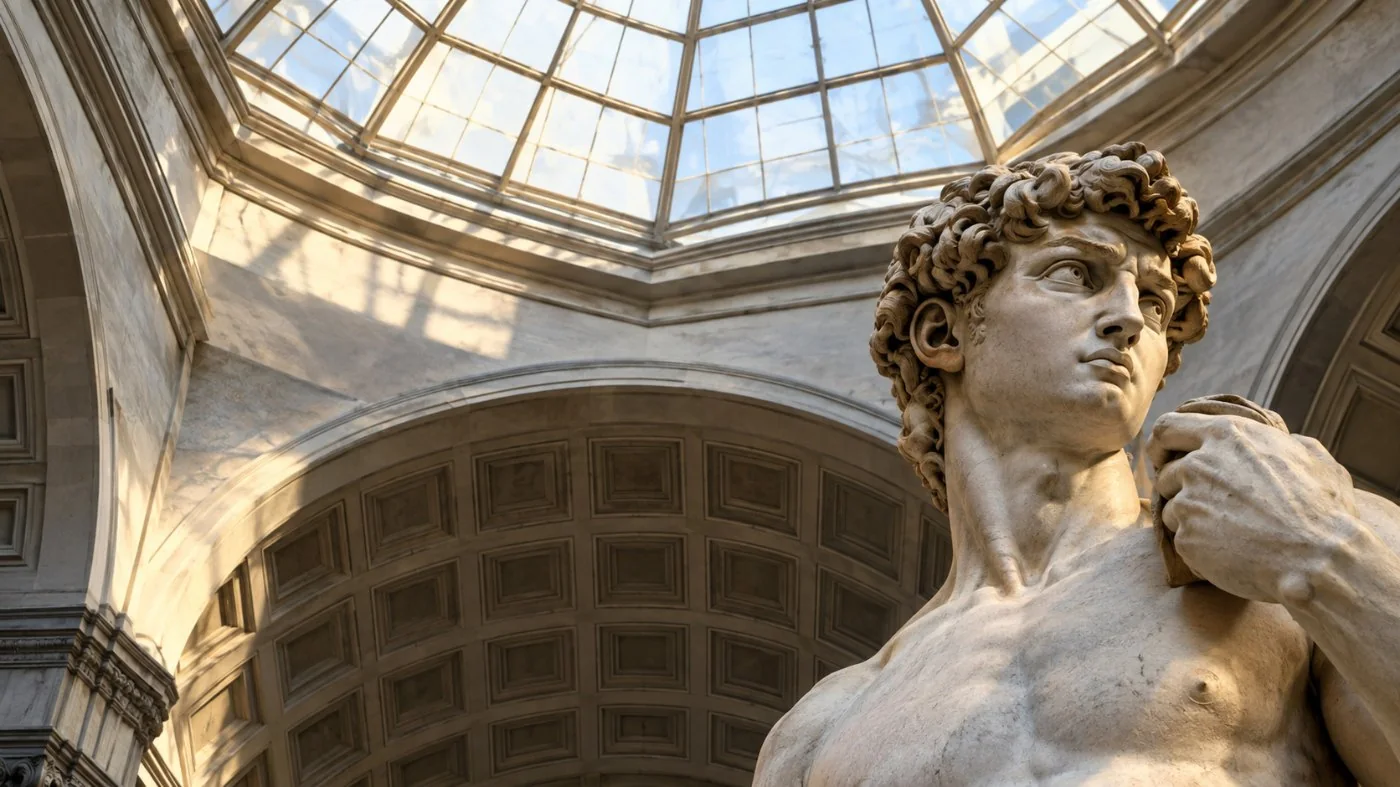 Il David di Michelangelo nella Tribuna della Galleria dell'Accademia, visto dal basso sotto il lucernario