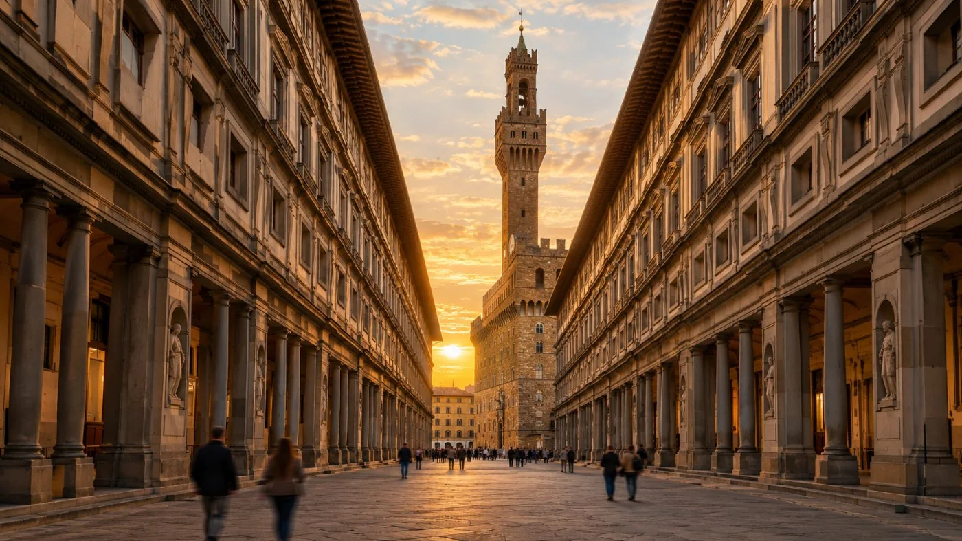 The long Uffizi courtyard between the two Vasari wings with the tower of Palazzo Vecchio in the background, bathed in golden light