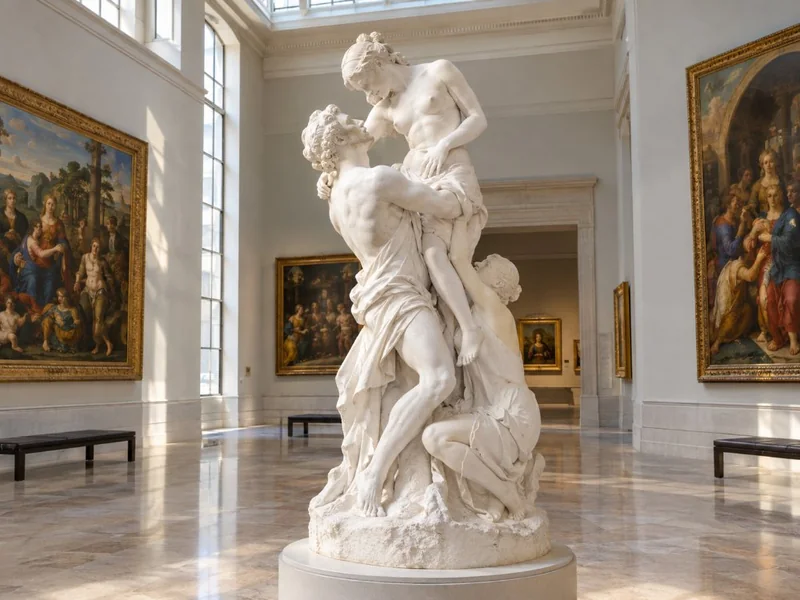 Das lebensgroße Modell des Raub der Sabinerinnen von Giambologna in einem Raum mit hoher Decke