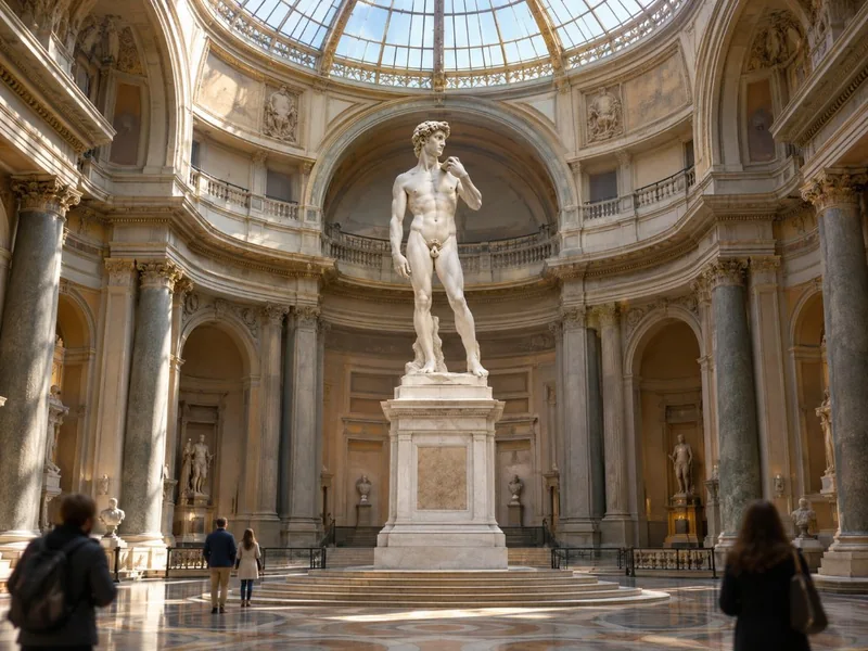 Il David di Michelangelo in marmo bianco nella Tribuna dell'Accademia, circondato dai visitatori